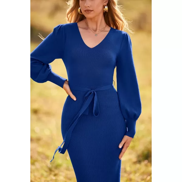 imagePRETTYGARDEN Womens 2023 Fall Knit Pullover Sweater Elegant Long Lantern Sleeve V Neck Maxi DressBlue