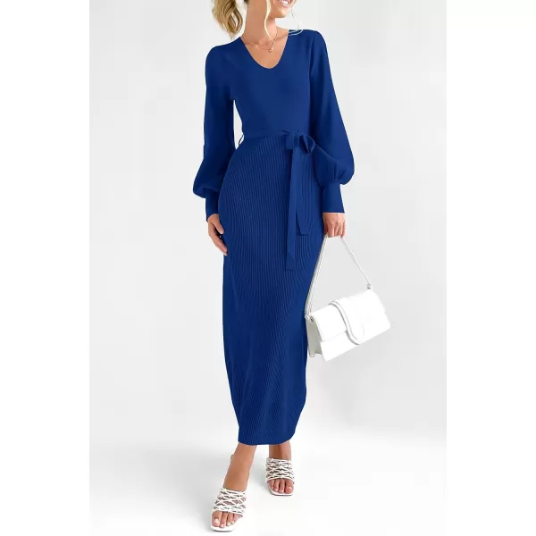 imagePRETTYGARDEN Womens 2023 Fall Knit Pullover Sweater Elegant Long Lantern Sleeve V Neck Maxi DressBlue