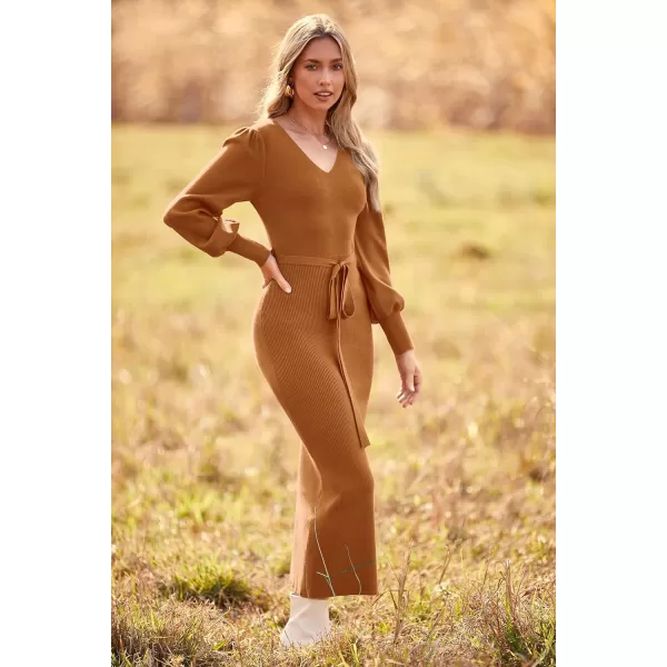 imagePRETTYGARDEN Womens 2023 Fall Knit Pullover Sweater Elegant Long Lantern Sleeve V Neck Maxi DressCamel