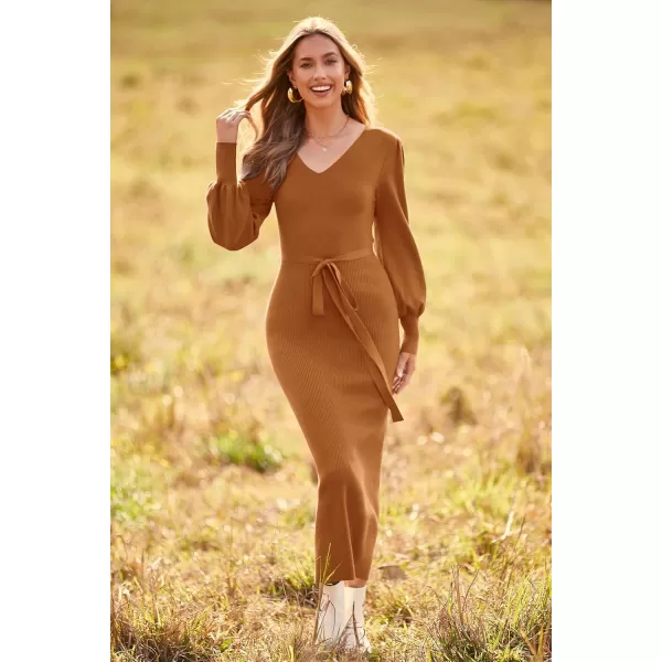 imagePRETTYGARDEN Womens 2023 Fall Knit Pullover Sweater Elegant Long Lantern Sleeve V Neck Maxi DressCamel