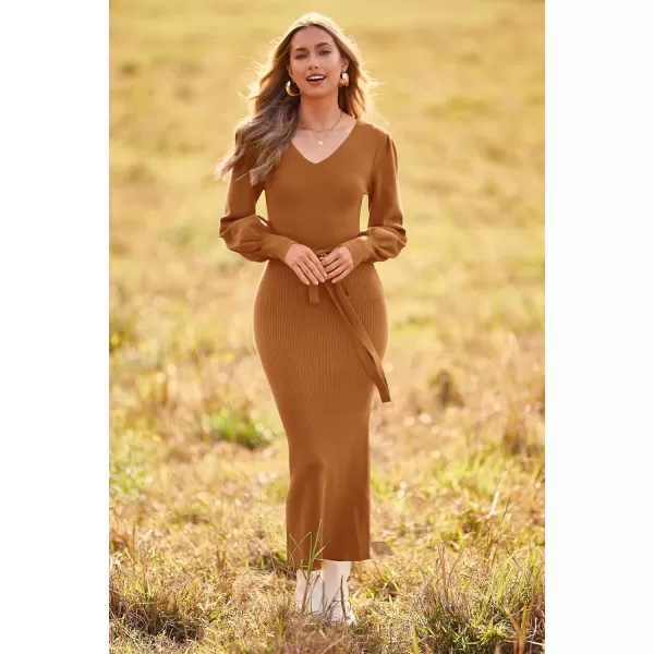 imagePRETTYGARDEN Womens 2023 Fall Knit Pullover Sweater Elegant Long Lantern Sleeve V Neck Maxi DressCamel