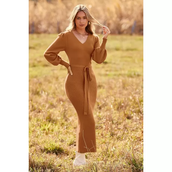 imagePRETTYGARDEN Womens 2023 Fall Knit Pullover Sweater Elegant Long Lantern Sleeve V Neck Maxi DressCamel