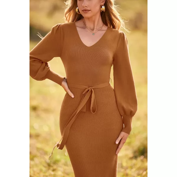 imagePRETTYGARDEN Womens 2023 Fall Knit Pullover Sweater Elegant Long Lantern Sleeve V Neck Maxi DressCamel