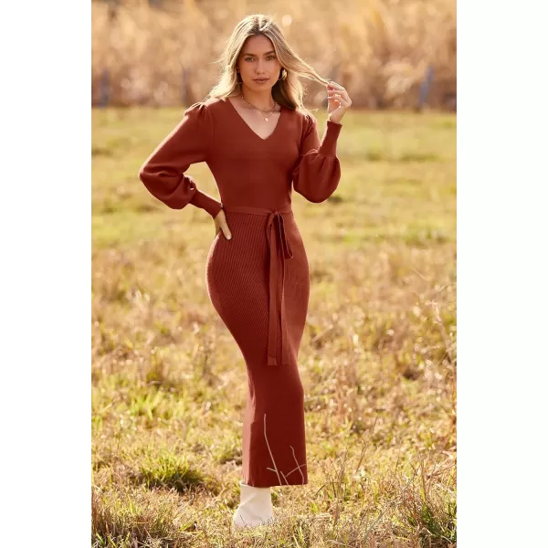 imagePRETTYGARDEN Womens 2023 Fall Knit Pullover Sweater Elegant Long Lantern Sleeve V Neck Maxi DressCaramel