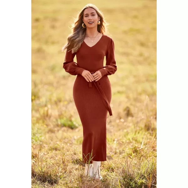 imagePRETTYGARDEN Womens 2023 Fall Knit Pullover Sweater Elegant Long Lantern Sleeve V Neck Maxi DressCaramel