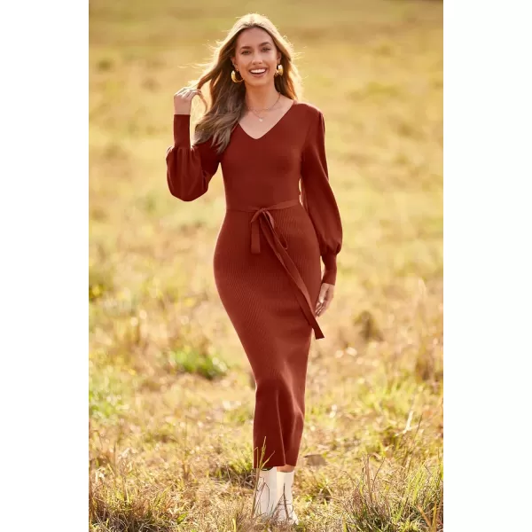 imagePRETTYGARDEN Womens 2023 Fall Knit Pullover Sweater Elegant Long Lantern Sleeve V Neck Maxi DressCaramel