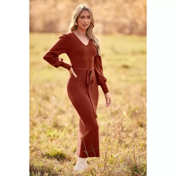 imagePRETTYGARDEN Womens 2023 Fall Knit Pullover Sweater Elegant Long Lantern Sleeve V Neck Maxi DressCaramel
