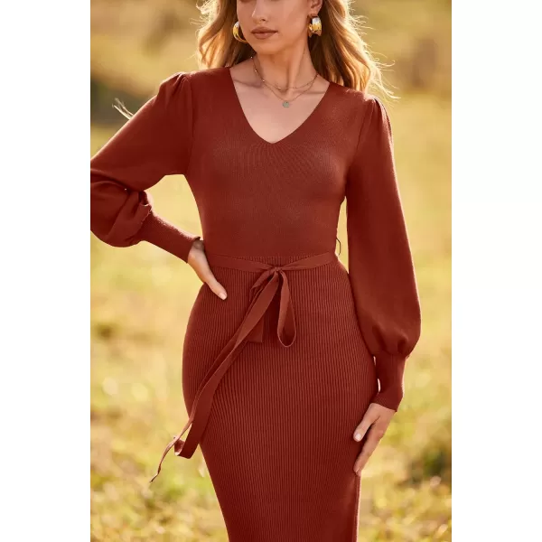 imagePRETTYGARDEN Womens 2023 Fall Knit Pullover Sweater Elegant Long Lantern Sleeve V Neck Maxi DressCaramel