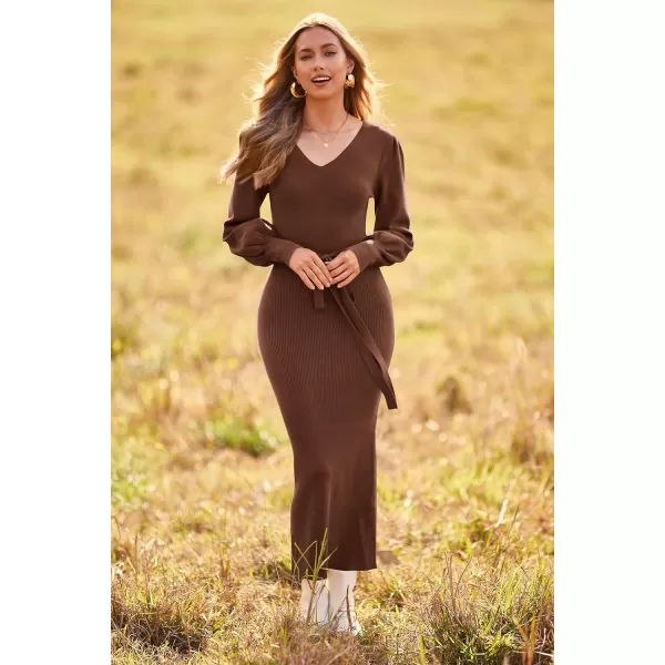 imagePRETTYGARDEN Womens 2023 Fall Knit Pullover Sweater Elegant Long Lantern Sleeve V Neck Maxi DressCoffee