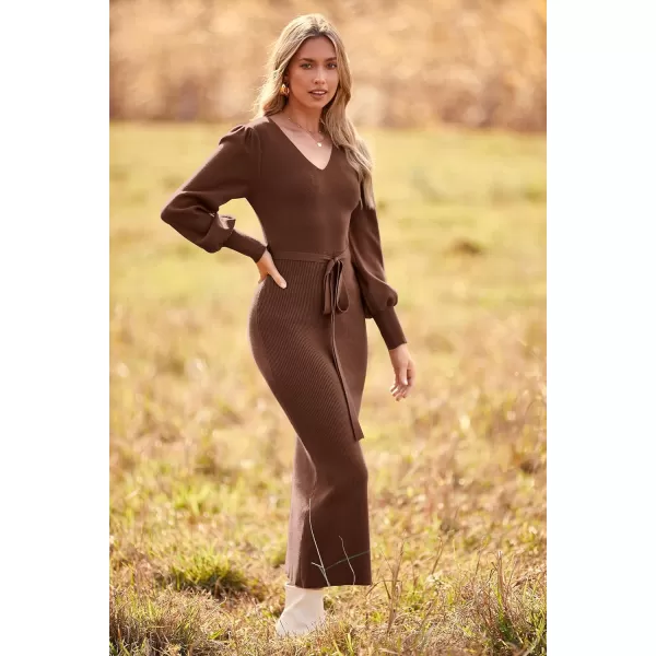 imagePRETTYGARDEN Womens 2023 Fall Knit Pullover Sweater Elegant Long Lantern Sleeve V Neck Maxi DressCoffee