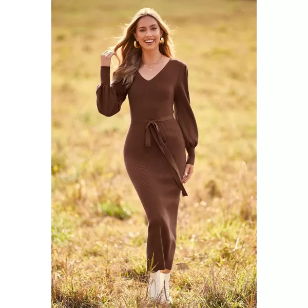 imagePRETTYGARDEN Womens 2023 Fall Knit Pullover Sweater Elegant Long Lantern Sleeve V Neck Maxi DressCoffee