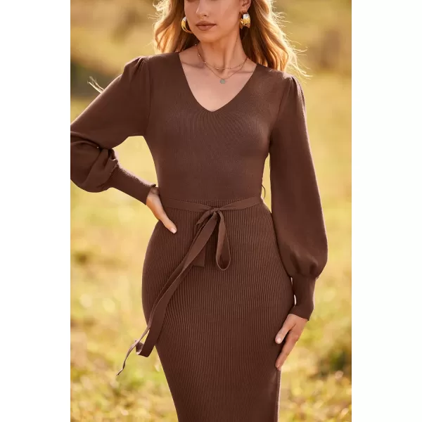 imagePRETTYGARDEN Womens 2023 Fall Knit Pullover Sweater Elegant Long Lantern Sleeve V Neck Maxi DressCoffee