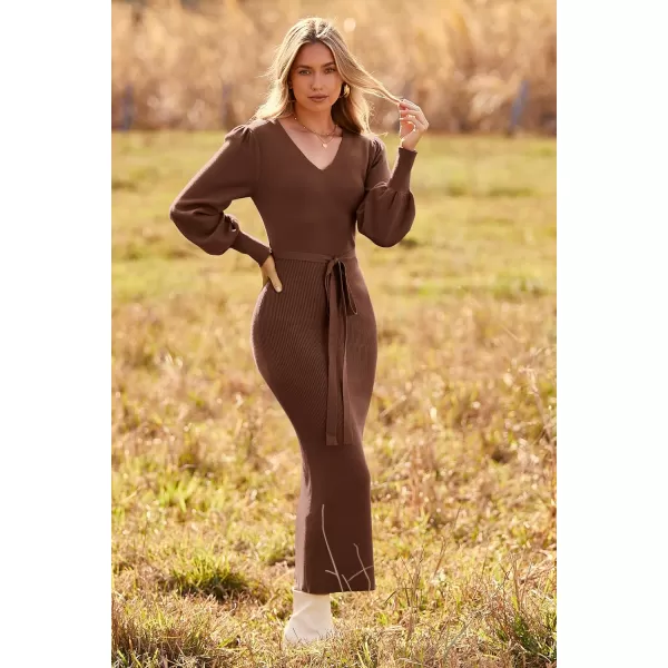 imagePRETTYGARDEN Womens 2023 Fall Knit Pullover Sweater Elegant Long Lantern Sleeve V Neck Maxi DressCoffee