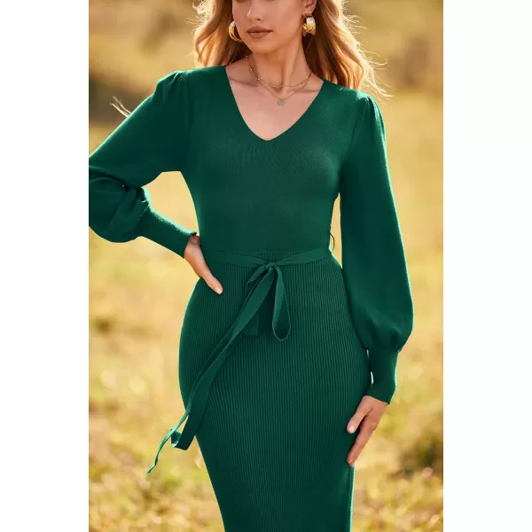 imagePRETTYGARDEN Womens 2023 Fall Knit Pullover Sweater Elegant Long Lantern Sleeve V Neck Maxi DressDark Green