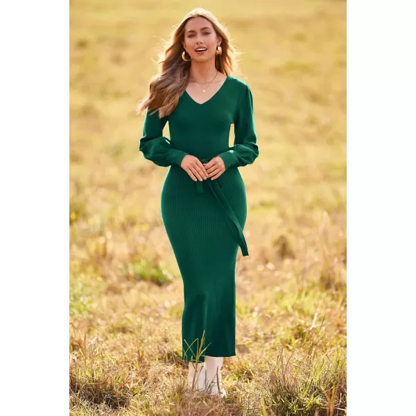 imagePRETTYGARDEN Womens 2023 Fall Knit Pullover Sweater Elegant Long Lantern Sleeve V Neck Maxi DressDark Green