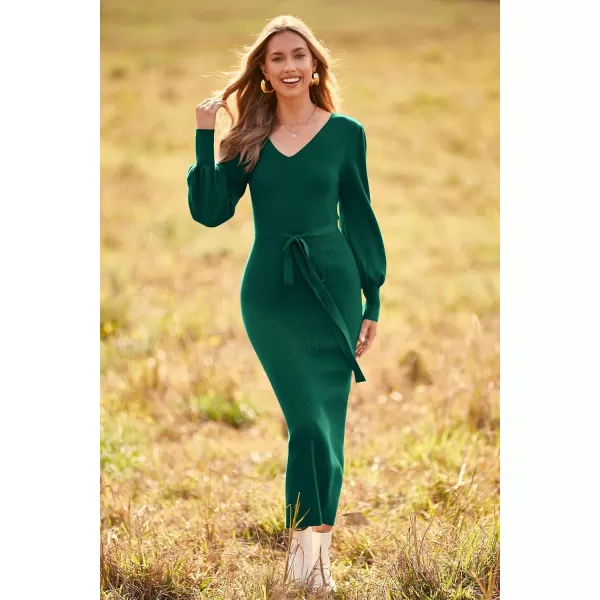 imagePRETTYGARDEN Womens 2023 Fall Knit Pullover Sweater Elegant Long Lantern Sleeve V Neck Maxi DressDark Green