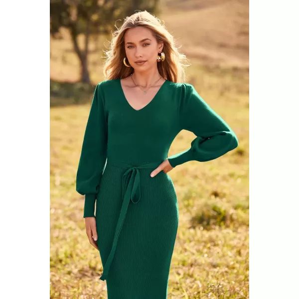 imagePRETTYGARDEN Womens 2023 Fall Knit Pullover Sweater Elegant Long Lantern Sleeve V Neck Maxi DressDark Green