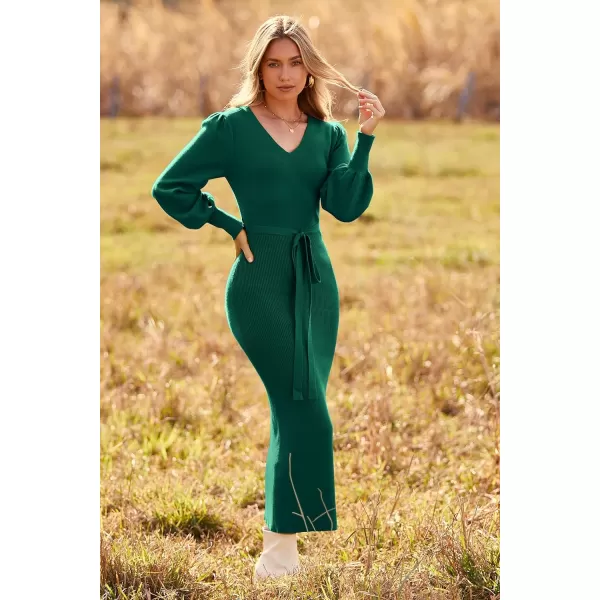 imagePRETTYGARDEN Womens 2023 Fall Knit Pullover Sweater Elegant Long Lantern Sleeve V Neck Maxi DressDark Green