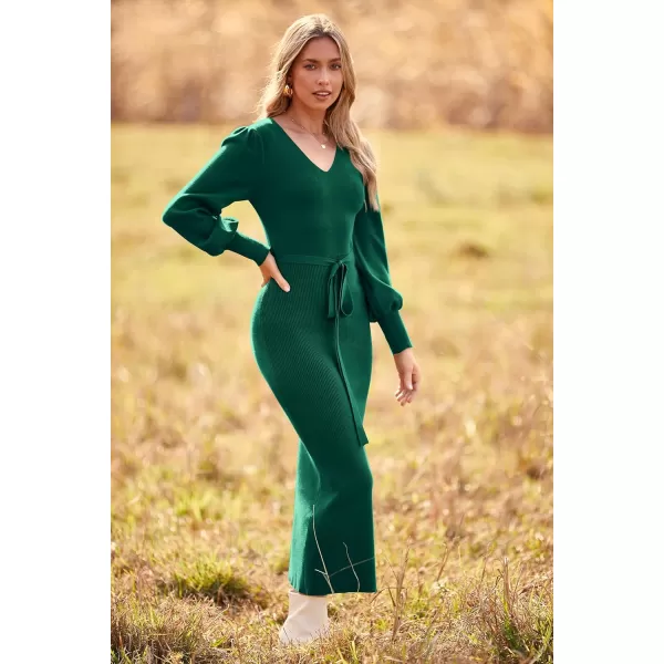 imagePRETTYGARDEN Womens 2023 Fall Knit Pullover Sweater Elegant Long Lantern Sleeve V Neck Maxi DressDark Green