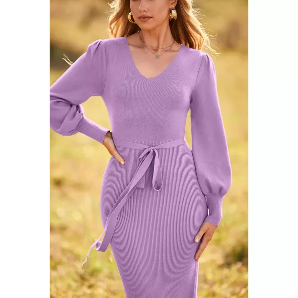 imagePRETTYGARDEN Womens 2023 Fall Knit Pullover Sweater Elegant Long Lantern Sleeve V Neck Maxi DressLight Purple