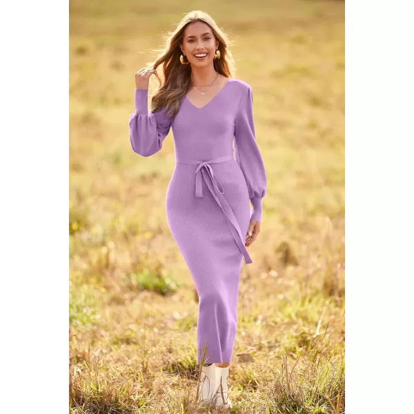 imagePRETTYGARDEN Womens 2023 Fall Knit Pullover Sweater Elegant Long Lantern Sleeve V Neck Maxi DressLight Purple
