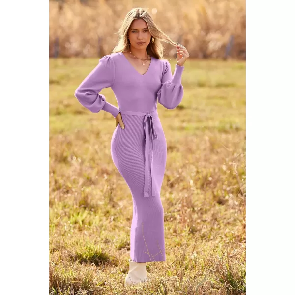 imagePRETTYGARDEN Womens 2023 Fall Knit Pullover Sweater Elegant Long Lantern Sleeve V Neck Maxi DressLight Purple