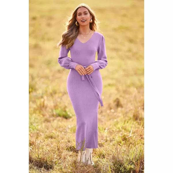imagePRETTYGARDEN Womens 2023 Fall Knit Pullover Sweater Elegant Long Lantern Sleeve V Neck Maxi DressLight Purple