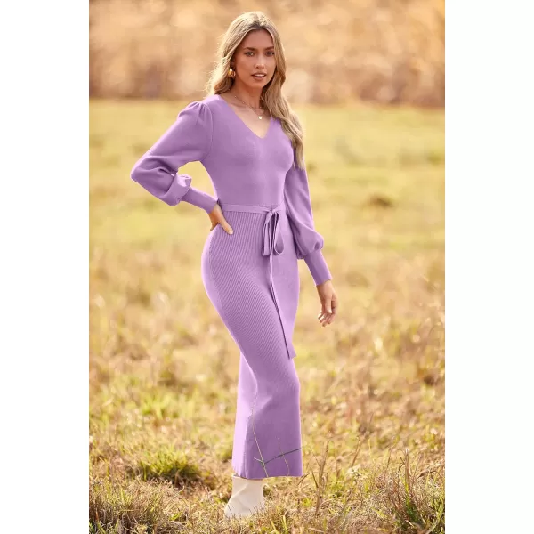 imagePRETTYGARDEN Womens 2023 Fall Knit Pullover Sweater Elegant Long Lantern Sleeve V Neck Maxi DressLight Purple