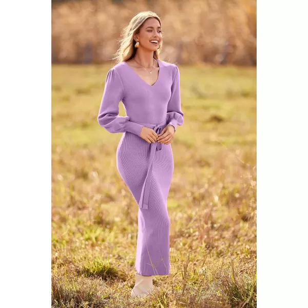 imagePRETTYGARDEN Womens 2023 Fall Knit Pullover Sweater Elegant Long Lantern Sleeve V Neck Maxi DressLight Purple