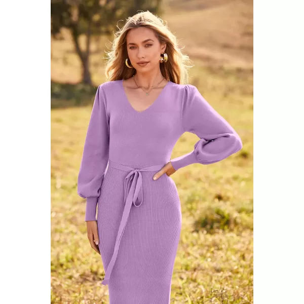 imagePRETTYGARDEN Womens 2023 Fall Knit Pullover Sweater Elegant Long Lantern Sleeve V Neck Maxi DressLight Purple