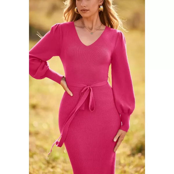 imagePRETTYGARDEN Womens 2023 Fall Knit Pullover Sweater Elegant Long Lantern Sleeve V Neck Maxi DressRose Red