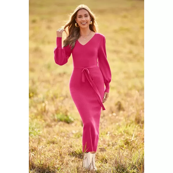 imagePRETTYGARDEN Womens 2023 Fall Knit Pullover Sweater Elegant Long Lantern Sleeve V Neck Maxi DressRose Red
