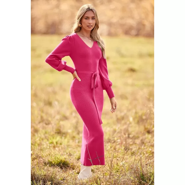 imagePRETTYGARDEN Womens 2023 Fall Knit Pullover Sweater Elegant Long Lantern Sleeve V Neck Maxi DressRose Red