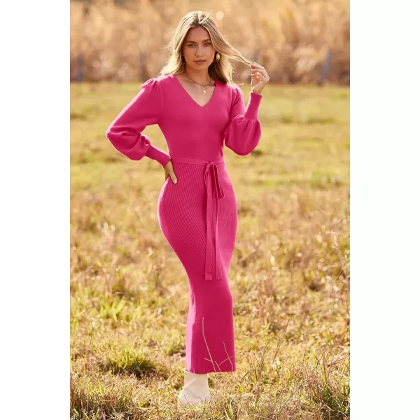 imagePRETTYGARDEN Womens 2023 Fall Knit Pullover Sweater Elegant Long Lantern Sleeve V Neck Maxi DressRose Red
