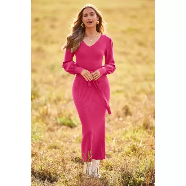 imagePRETTYGARDEN Womens 2023 Fall Knit Pullover Sweater Elegant Long Lantern Sleeve V Neck Maxi DressRose Red