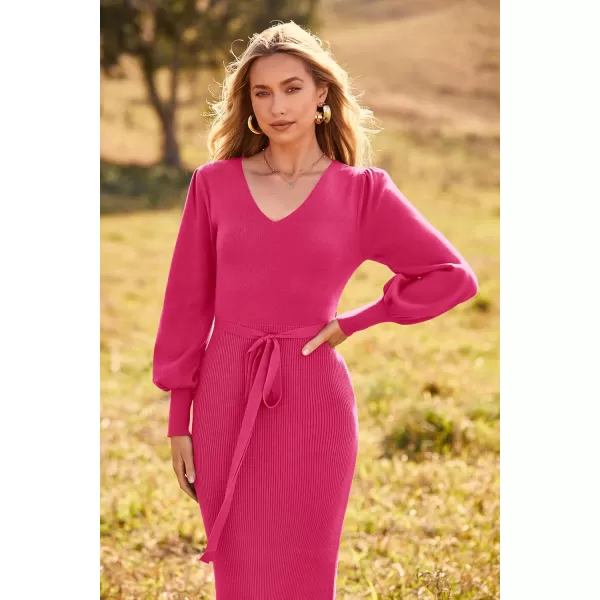 imagePRETTYGARDEN Womens 2023 Fall Knit Pullover Sweater Elegant Long Lantern Sleeve V Neck Maxi DressRose Red