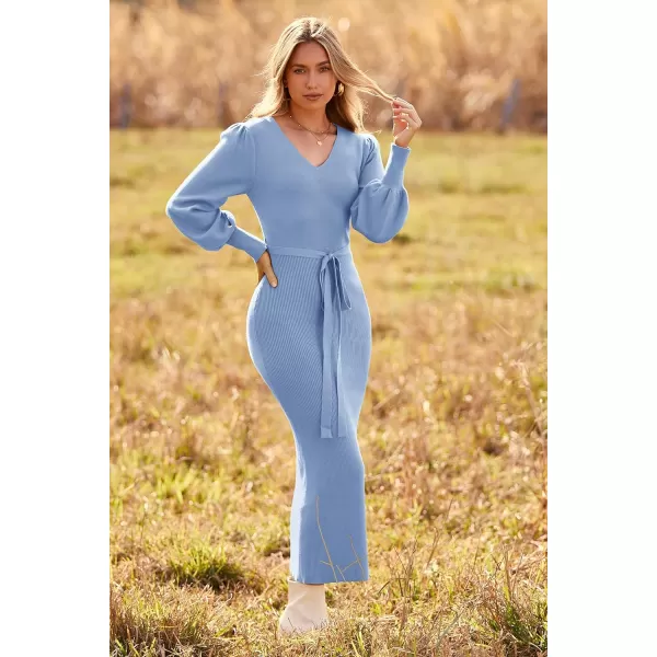 imagePRETTYGARDEN Womens 2023 Fall Knit Pullover Sweater Elegant Long Lantern Sleeve V Neck Maxi DressSky Blue
