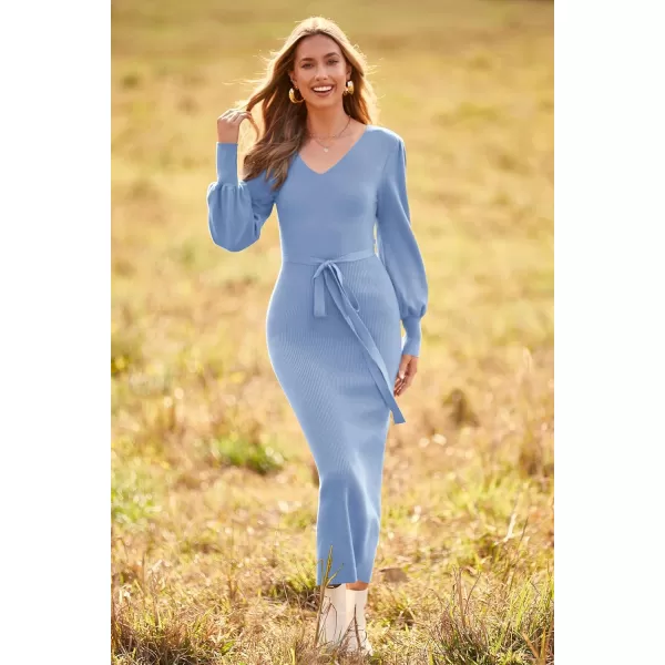 imagePRETTYGARDEN Womens 2023 Fall Knit Pullover Sweater Elegant Long Lantern Sleeve V Neck Maxi DressSky Blue