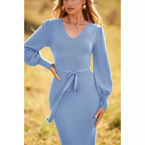 imagePRETTYGARDEN Womens 2023 Fall Knit Pullover Sweater Elegant Long Lantern Sleeve V Neck Maxi DressSky Blue