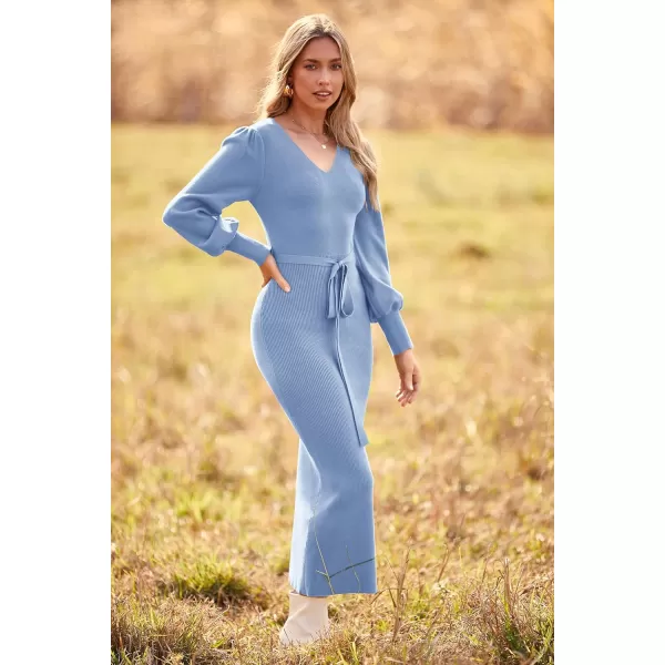 imagePRETTYGARDEN Womens 2023 Fall Knit Pullover Sweater Elegant Long Lantern Sleeve V Neck Maxi DressSky Blue