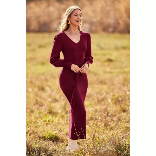 imagePRETTYGARDEN Womens 2023 Fall Knit Pullover Sweater Elegant Long Lantern Sleeve V Neck Maxi DressWine Red