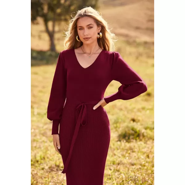 imagePRETTYGARDEN Womens 2023 Fall Knit Pullover Sweater Elegant Long Lantern Sleeve V Neck Maxi DressWine Red