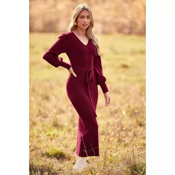 imagePRETTYGARDEN Womens 2023 Fall Knit Pullover Sweater Elegant Long Lantern Sleeve V Neck Maxi DressWine Red
