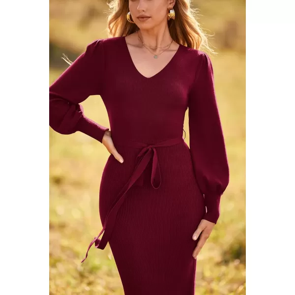 imagePRETTYGARDEN Womens 2023 Fall Knit Pullover Sweater Elegant Long Lantern Sleeve V Neck Maxi DressWine Red