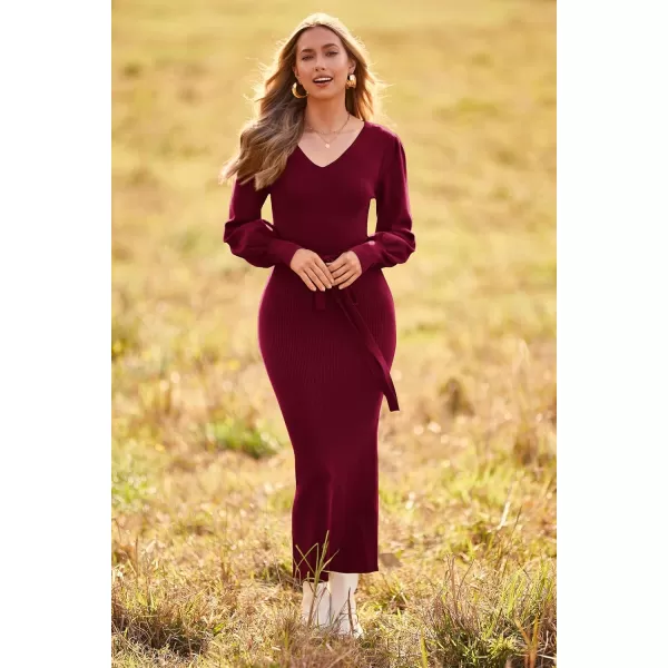 imagePRETTYGARDEN Womens 2023 Fall Knit Pullover Sweater Elegant Long Lantern Sleeve V Neck Maxi DressWine Red