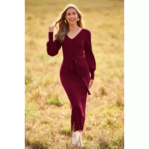 imagePRETTYGARDEN Womens 2023 Fall Knit Pullover Sweater Elegant Long Lantern Sleeve V Neck Maxi DressWine Red