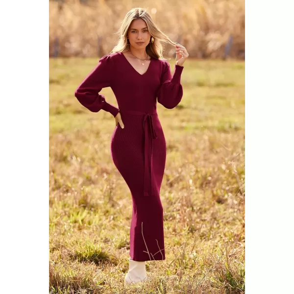 imagePRETTYGARDEN Womens 2023 Fall Knit Pullover Sweater Elegant Long Lantern Sleeve V Neck Maxi DressWine Red