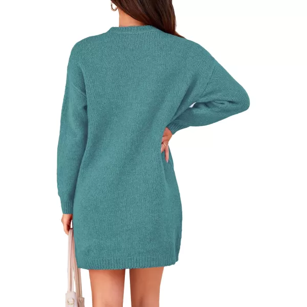 imagePRETTYGARDEN Womens 2023 Fall Knit Pullover Sweaters Long Sleeve Crewneck Oversized Loose Short Sweater DressBlue Green