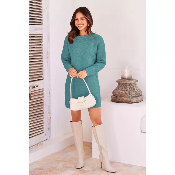 imagePRETTYGARDEN Womens 2023 Fall Knit Pullover Sweaters Long Sleeve Crewneck Oversized Loose Short Sweater DressBlue Green