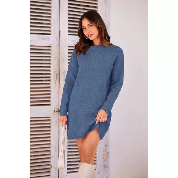 imagePRETTYGARDEN Womens 2023 Fall Knit Pullover Sweaters Long Sleeve Crewneck Oversized Loose Short Sweater DressGrey Blue